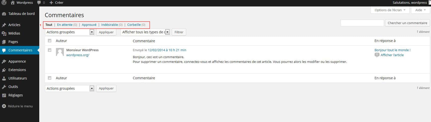 commentaires admin WordPress